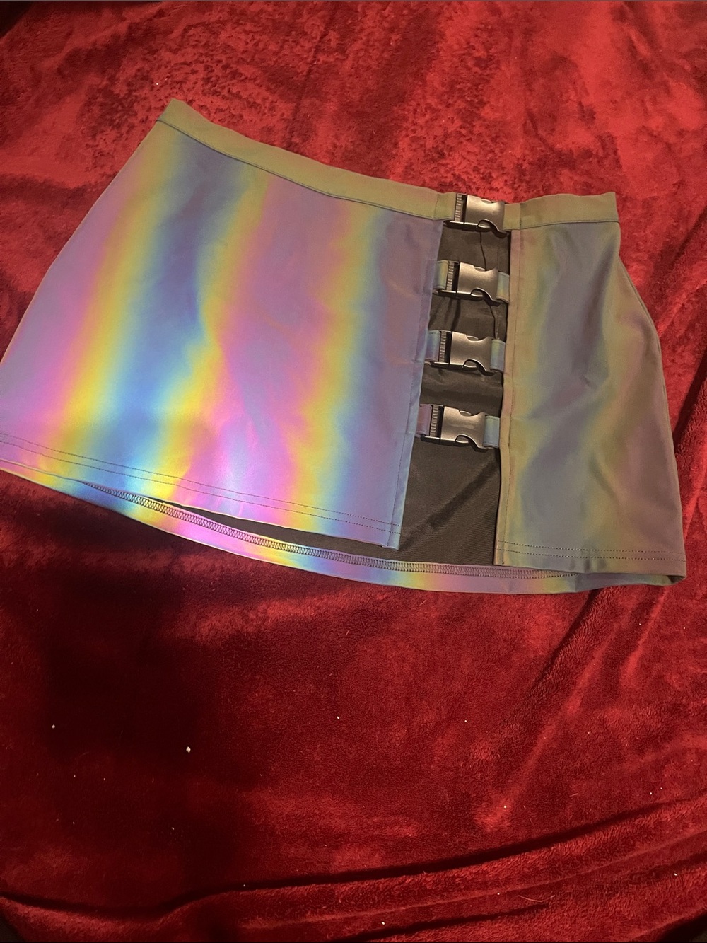 CLUB EXX Dolls Kill Holographic Buckle Mini Skirt - Rainbow